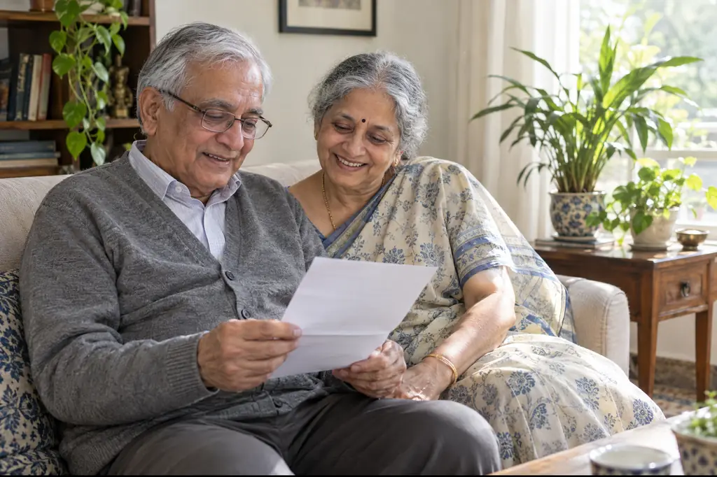 An elderly couple reads a letter together on their sofa