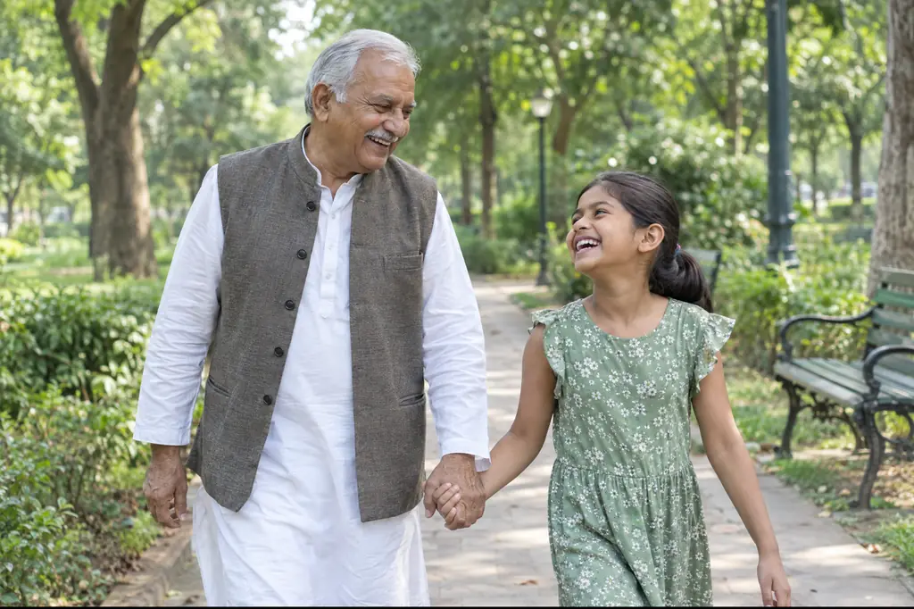 A grandfather walks hand in hand with his granddaughter in a park